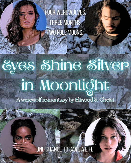 Eyes Shine Silver in Moonlight A poster with a backdrop of several wolves, there are four head portraits in each corner; top left, a woman with long dark hair, top right, a man with medium-length dark hair and a short beard; bottom left, a woman with dark hair and one hand covering her